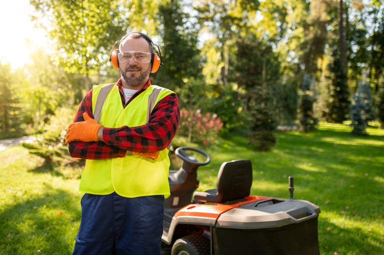 Gardener in garden with lawnmower